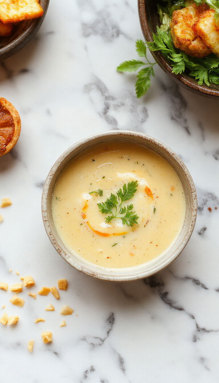 Un tazón blanco lleno de sopa cremosa de coliflor con un color beige suave, adornado con un toque de perejil fresco picado en la parte superior. La sopa tiene una textura espesa y sedosa, con trozos pequeños de coliflor visible y un brillo apetitoso. A su lado, una cuchara de metal junto a un paño de lino suave y claro, en un ambiente de cocina cálida y acogedora con fondo desenfocado que resalta la presentación del plato.