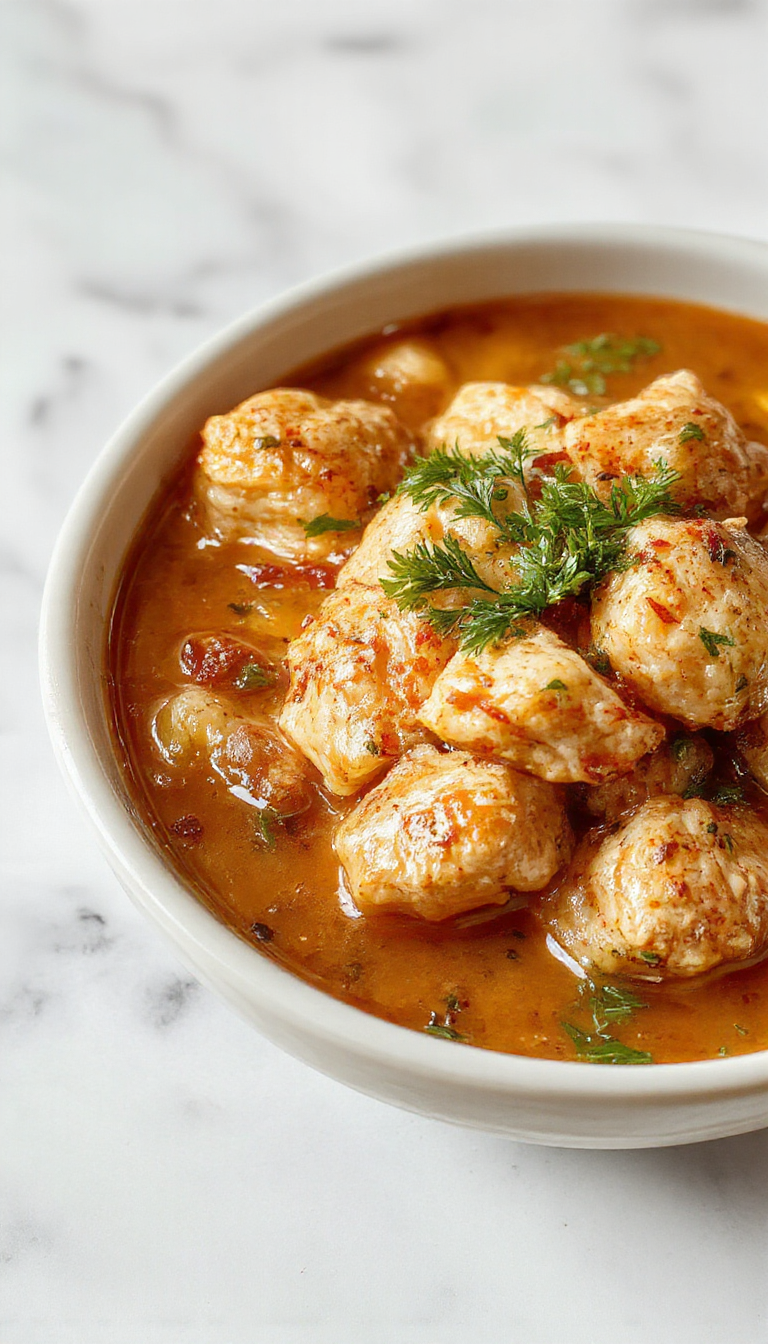 Un plato de estofado de pollo en una olla de cocción lenta, con trozos de pollo dorado, verduras variadas como zanahorias, papas y apio en un caldo espeso y apetitoso. La presentación muestra un plato hondo con un toque rústico y casero, resaltando los colores cálidos de la comida y la textura jugosa del pollo.