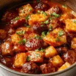 Plato de fajitas en una olla de cocción lenta, presentado en un plato rectangular con tiras de carne de color dorado y jugoso, pimientos rojos y verdes en trozos, cebolla caramelizada y queso derretido fundido encima. La presentación incluye tortillas a un lado, y la comida se ve tierna y bien sazonada, con un toque de fresco cilantro como decoración. La imagen resalta la textura jugosa y colorida del plato en un ambiente cálido y acogedor.
