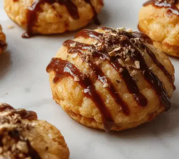 A close-up of a plate of golden-brown pumpkin syrup cookies with a glossy glaze, garnished with a sprinkle of cinnamon and chopped walnuts. The cookies are arranged on a rustic wooden surface with a few scattered pecans nearby, showcasing their soft and chewy texture with slightly cracked tops and melted chocolate chips.