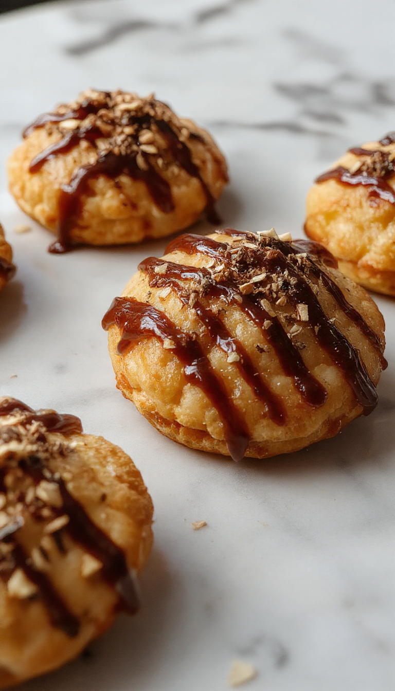 A close-up of a plate of golden-brown pumpkin syrup cookies with a glossy glaze, garnished with a sprinkle of cinnamon and chopped walnuts. The cookies are arranged on a rustic wooden surface with a few scattered pecans nearby, showcasing their soft and chewy texture with slightly cracked tops and melted chocolate chips.
