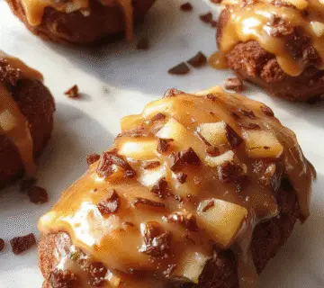 Close-up of a stack of golden-brown chocolate and caramel cookies on a rustic wooden surface. The cookies have a slightly glossy caramel swirl on top, with chunks of chocolate visible within. The texture appears chewy with crisp edges, and some cookies are broken showing their soft interior. A few caramel candies and a glass of milk are subtly blurred in the background, adding warmth and inviting appeal.