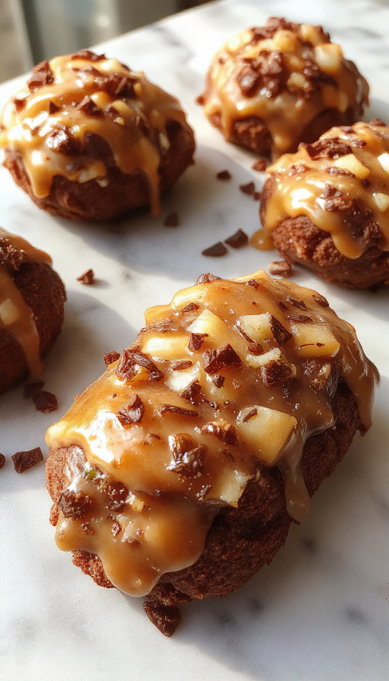 Close-up of a stack of golden-brown chocolate and caramel cookies on a rustic wooden surface. The cookies have a slightly glossy caramel swirl on top, with chunks of chocolate visible within. The texture appears chewy with crisp edges, and some cookies are broken showing their soft interior. A few caramel candies and a glass of milk are subtly blurred in the background, adding warmth and inviting appeal.