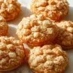 A close-up of golden-brown apple crumble cookies arranged on a rustic white plate, with visible chunks of apples and a crumbly topping. The cookies are slightly glossy and textured with crisp edges, artfully presented on a wooden surface with a scattering of cinnamon and powdered sugar in the background.