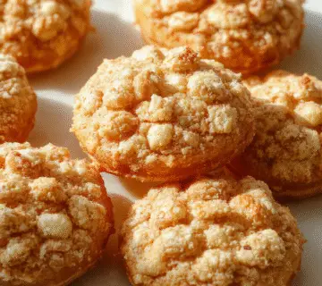A close-up of golden-brown apple crumble cookies arranged on a rustic white plate, with visible chunks of apples and a crumbly topping. The cookies are slightly glossy and textured with crisp edges, artfully presented on a wooden surface with a scattering of cinnamon and powdered sugar in the background.