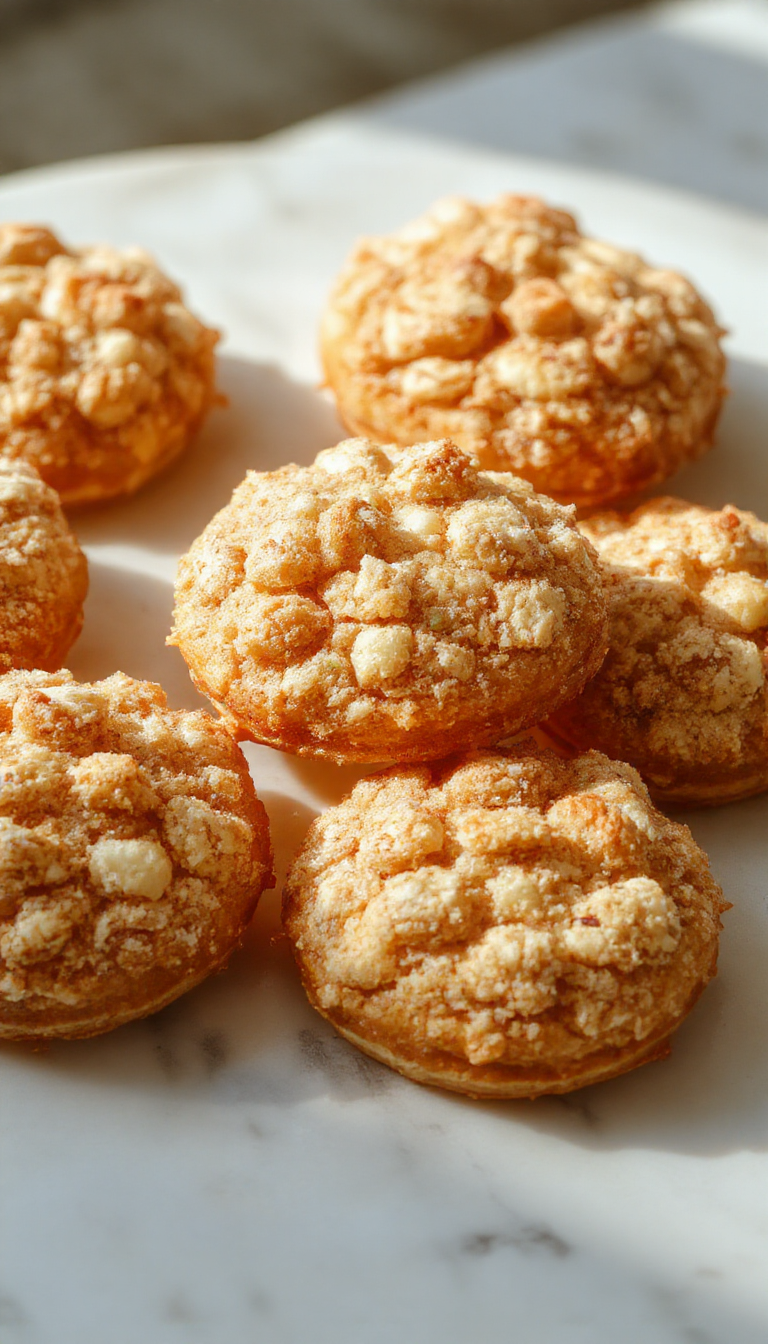 A close-up of golden-brown apple crumble cookies arranged on a rustic white plate, with visible chunks of apples and a crumbly topping. The cookies are slightly glossy and textured with crisp edges, artfully presented on a wooden surface with a scattering of cinnamon and powdered sugar in the background.