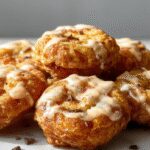 Golden-brown apple fritters with a crispy exterior, arranged on a white plate with cinnamon sugar dusted on top, slices of fresh apple visible inside, garnished with a sprig of mint, styled with a rustic wooden background.