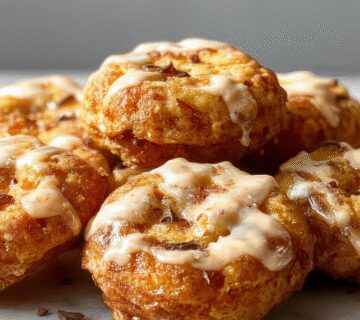 Golden-brown apple fritters with a crispy exterior, arranged on a white plate with cinnamon sugar dusted on top, slices of fresh apple visible inside, garnished with a sprig of mint, styled with a rustic wooden background.