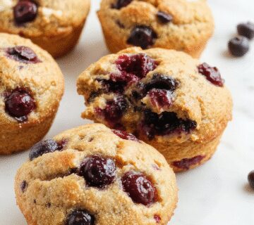 A close-up of a golden-brown blueberry protein muffin topped with fresh blueberries and a light dusting of powdered sugar, placed on a rustic wooden plate with a few blueberries scattered around. The muffin's texture appears moist and fluffy, with visible blueberry pockets inside.