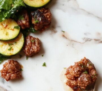 A vibrant plate of zucchini beef stir-fry arranged neatly, featuring julienned zucchini and tender beef strips coated in a glossy sauce, garnished with sesame seeds and chopped green onions on a rustic wooden table.