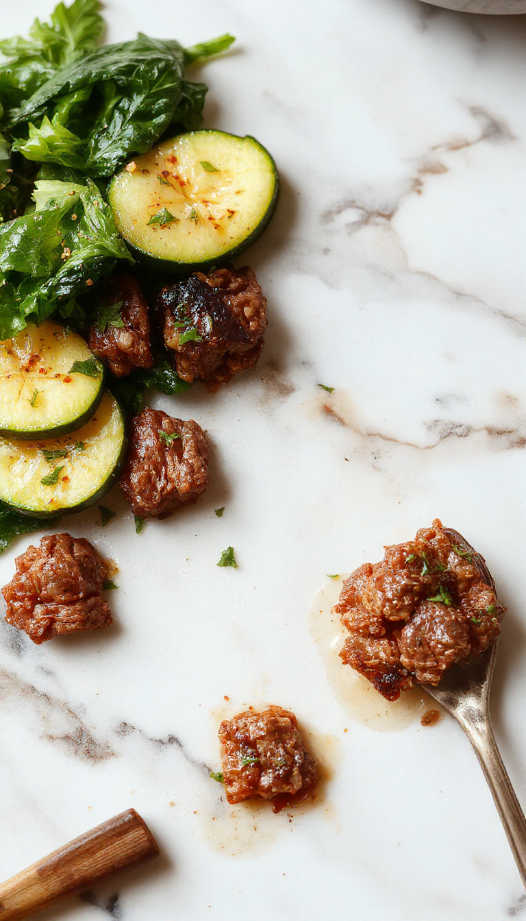 A vibrant plate of zucchini beef stir-fry arranged neatly, featuring julienned zucchini and tender beef strips coated in a glossy sauce, garnished with sesame seeds and chopped green onions on a rustic wooden table.