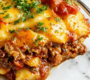 A hearty serving of Hobo Casserole on a rustic plate showing layers of golden browned ground beef, sliced potatoes, and melted cheese topping, garnished with fresh herbs, all presented on a wooden table with a spoonful served revealing its comforting, cheesy interior.