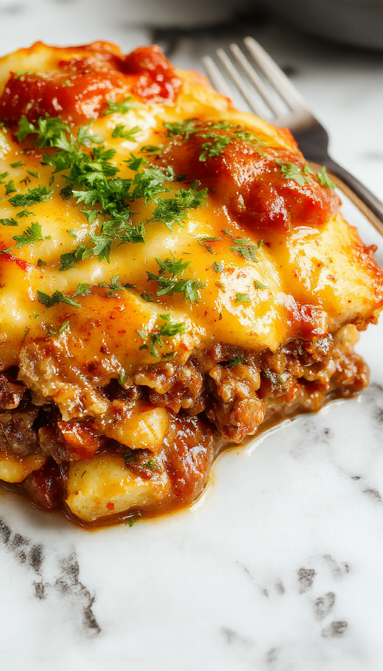 A hearty serving of Hobo Casserole on a rustic plate showing layers of golden browned ground beef, sliced potatoes, and melted cheese topping, garnished with fresh herbs, all presented on a wooden table with a spoonful served revealing its comforting, cheesy interior.