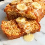 A slice of honey vanilla banana bread with a golden-brown crust and soft, moist interior, topped with a drizzle of honey and a sprinkle of vanilla beans, presented on a rustic wooden board with a fork beside it.