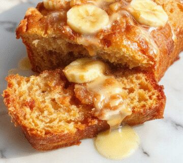 A slice of honey vanilla banana bread with a golden-brown crust and soft, moist interior, topped with a drizzle of honey and a sprinkle of vanilla beans, presented on a rustic wooden board with a fork beside it.