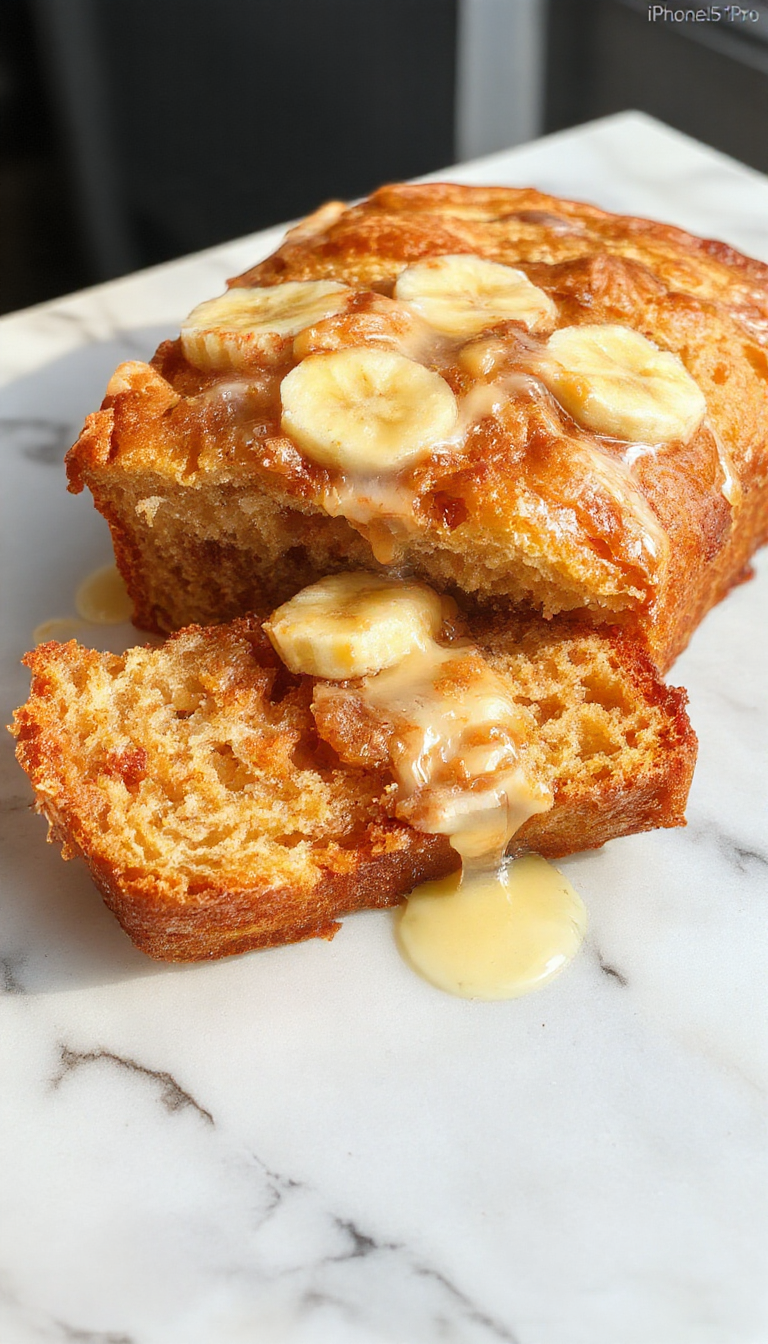 A slice of honey vanilla banana bread with a golden-brown crust and soft, moist interior, topped with a drizzle of honey and a sprinkle of vanilla beans, presented on a rustic wooden board with a fork beside it.