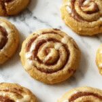 A close-up of golden-brown cinnamon roll cookies arranged on a rustic wooden platter. The cookies are topped with a generous drizzle of white icing, showcasing swirls of cinnamon and soft, flaky texture. In the background, a few cookies are broken open to reveal the gooey cinnamon filling inside, with cinnamon powder lightly sprinkled around for added warmth.