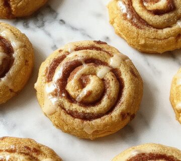 A close-up of golden-brown cinnamon roll cookies arranged on a rustic wooden platter. The cookies are topped with a generous drizzle of white icing, showcasing swirls of cinnamon and soft, flaky texture. In the background, a few cookies are broken open to reveal the gooey cinnamon filling inside, with cinnamon powder lightly sprinkled around for added warmth.