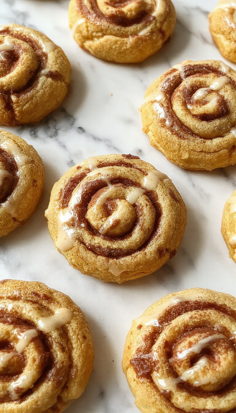 A close-up of golden-brown cinnamon roll cookies arranged on a rustic wooden platter. The cookies are topped with a generous drizzle of white icing, showcasing swirls of cinnamon and soft, flaky texture. In the background, a few cookies are broken open to reveal the gooey cinnamon filling inside, with cinnamon powder lightly sprinkled around for added warmth.