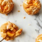 A golden-brown cruffin filled with vibrant peach filling, glazed with a shiny syrup, and topped with a sprinkle of powdered sugar. The pastry's flaky layers are visible, with a juicy peach filling oozing out slightly, arranged on a rustic white plate against a neutral background.