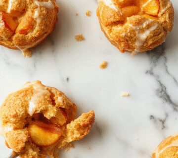 A golden-brown cruffin filled with vibrant peach filling, glazed with a shiny syrup, and topped with a sprinkle of powdered sugar. The pastry's flaky layers are visible, with a juicy peach filling oozing out slightly, arranged on a rustic white plate against a neutral background.