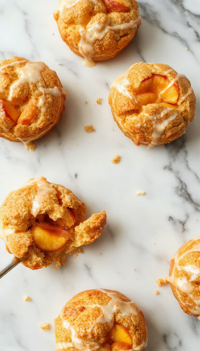 A golden-brown cruffin filled with vibrant peach filling, glazed with a shiny syrup, and topped with a sprinkle of powdered sugar. The pastry's flaky layers are visible, with a juicy peach filling oozing out slightly, arranged on a rustic white plate against a neutral background.