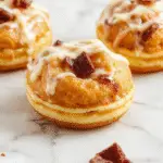 A close-up view of a golden-brown cruffin filled with peach tart filling, drizzled with a glaze and topped with a fresh peach slice and powdered sugar, presented on an elegant white plate with a rustic background.