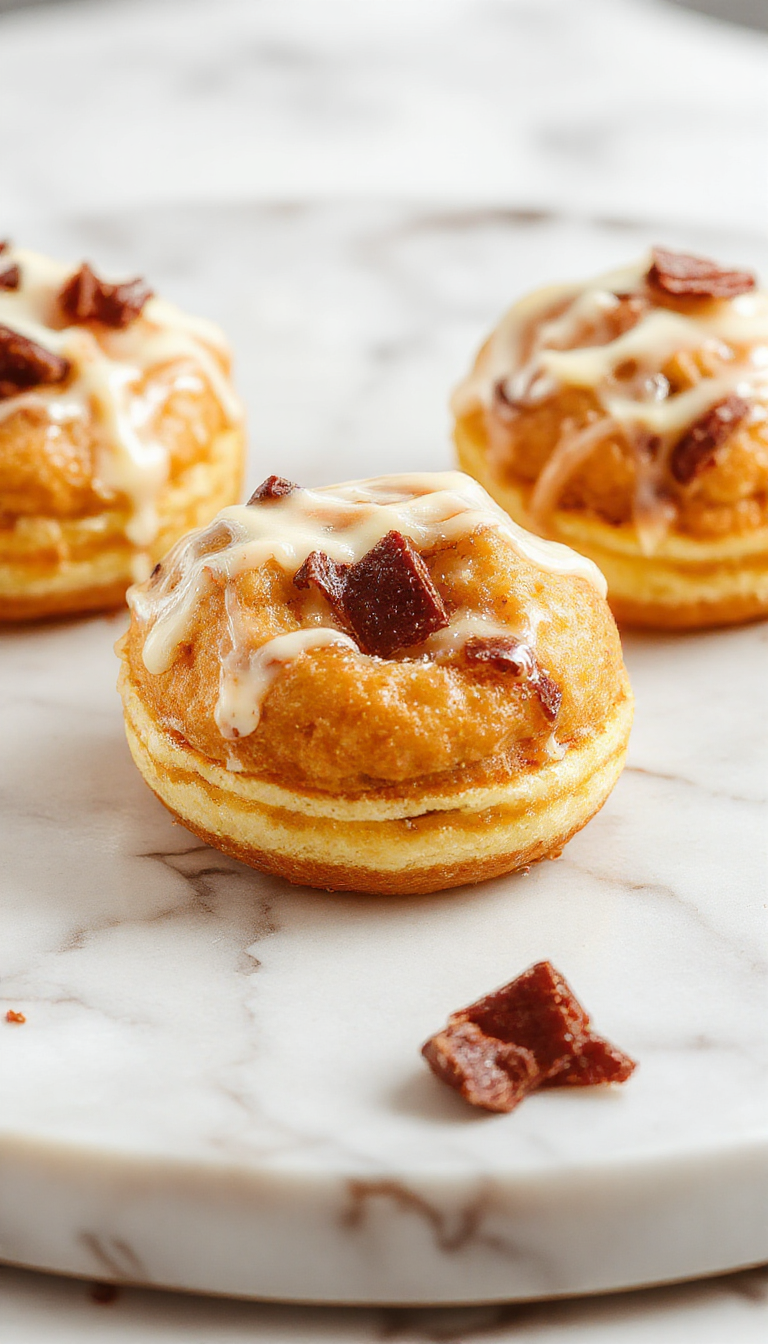 A close-up view of a golden-brown cruffin filled with peach tart filling, drizzled with a glaze and topped with a fresh peach slice and powdered sugar, presented on an elegant white plate with a rustic background.