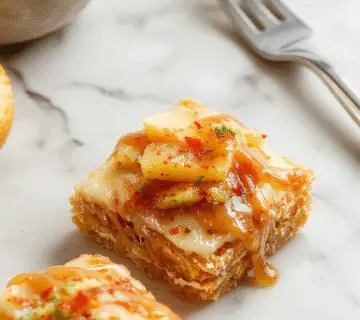 A close-up of golden-brown apple caramel bars arranged on a rustic wooden plate, with a drizzle of caramel sauce on top and a sprinkle of sea salt. The bars reveal a juicy apple filling encased in a flaky crust, with some pieces slightly broken to show the sweet interior. The background features soft autumnal elements like a pumpkin, cinnamon sticks, and fall leaves, enhancing the cozy seasonal feel.
