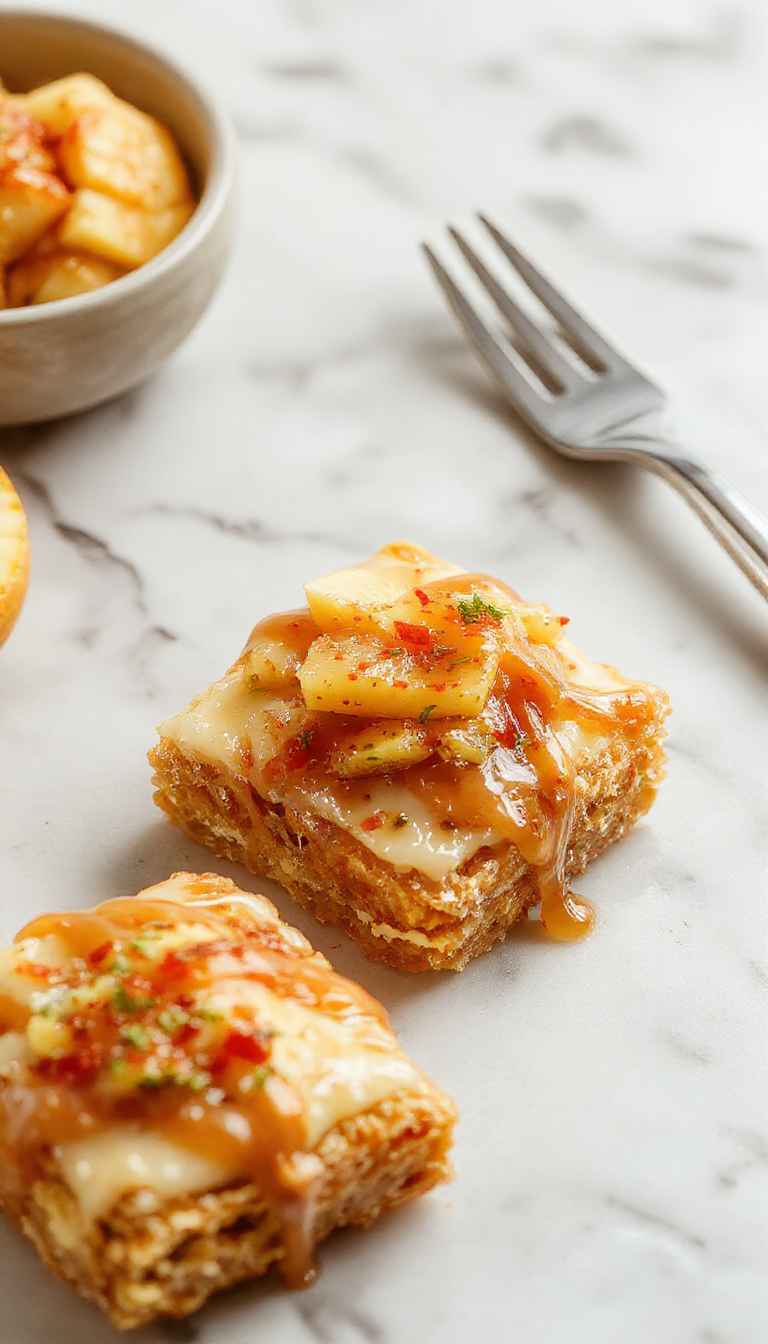 A close-up of golden-brown apple caramel bars arranged on a rustic wooden plate, with a drizzle of caramel sauce on top and a sprinkle of sea salt. The bars reveal a juicy apple filling encased in a flaky crust, with some pieces slightly broken to show the sweet interior. The background features soft autumnal elements like a pumpkin, cinnamon sticks, and fall leaves, enhancing the cozy seasonal feel.