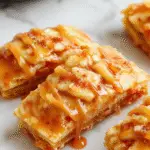 Barritas de manzana con caramelo salado perfectamente horneadas en una bandeja, con un dorado crujiente en la parte superior y un relleno jugoso de manzana visible. La superficie muestra un glaseado de caramelo salado que brilla bajo la luz, con trozos de manzana y un toque de sal en la superficie. La presentación es sencilla pero apetitosa, mostrando las barritas cortadas en porciones individuales, revelando una textura tierna y con un crujiente exterior dorado.