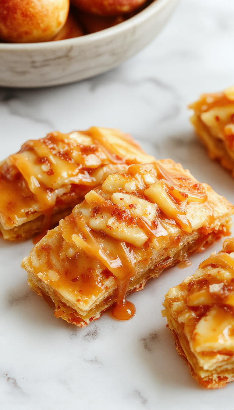 Barritas de manzana con caramelo salado perfectamente horneadas en una bandeja, con un dorado crujiente en la parte superior y un relleno jugoso de manzana visible. La superficie muestra un glaseado de caramelo salado que brilla bajo la luz, con trozos de manzana y un toque de sal en la superficie. La presentación es sencilla pero apetitosa, mostrando las barritas cortadas en porciones individuales, revelando una textura tierna y con un crujiente exterior dorado.