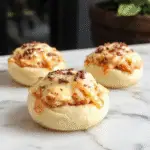 Plato de conchas rellenas de pollo búfalo cremoso, con una superficie dorada y crujiente, servido en un plato blanco decorado con ramitas de perejil fresco, acompañado de salsa y una rodaja de limón, en un entorno elegante y bien iluminado