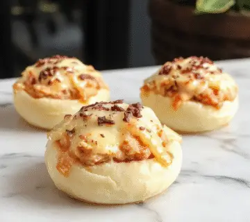 Plato de conchas rellenas de pollo búfalo cremoso, con una superficie dorada y crujiente, servido en un plato blanco decorado con ramitas de perejil fresco, acompañado de salsa y una rodaja de limón, en un entorno elegante y bien iluminado
