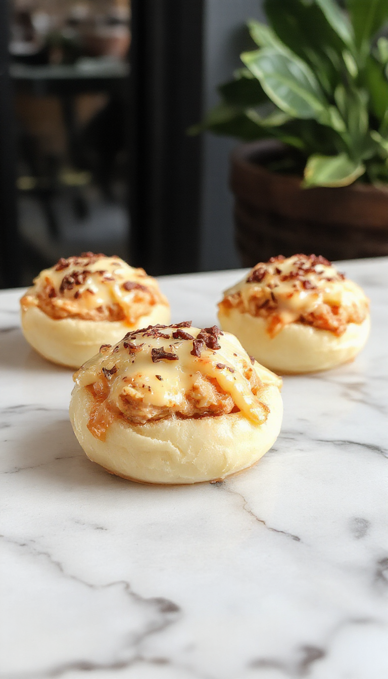Plato de conchas rellenas de pollo búfalo cremoso, con una superficie dorada y crujiente, servido en un plato blanco decorado con ramitas de perejil fresco, acompañado de salsa y una rodaja de limón, en un entorno elegante y bien iluminado