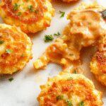 Golden-brown cheesy corn fritters arranged on a rustic white plate, showcasing a crispy exterior with tender corn kernels visible, topped with chopped green herbs, and served with a side of dipping sauce. The fritters are stacked slightly overlapping, highlighting their crunchy texture and cheesy interior.