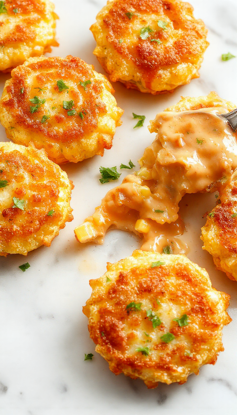 Golden-brown cheesy corn fritters arranged on a rustic white plate, showcasing a crispy exterior with tender corn kernels visible, topped with chopped green herbs, and served with a side of dipping sauce. The fritters are stacked slightly overlapping, highlighting their crunchy texture and cheesy interior.