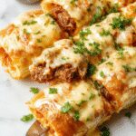 Golden-brown keto Philly cheesesteak rolls sliced open to reveal tender beef, melted cheese, and sautéed vegetables inside, arranged on a rustic wooden board with fresh herbs garnishing