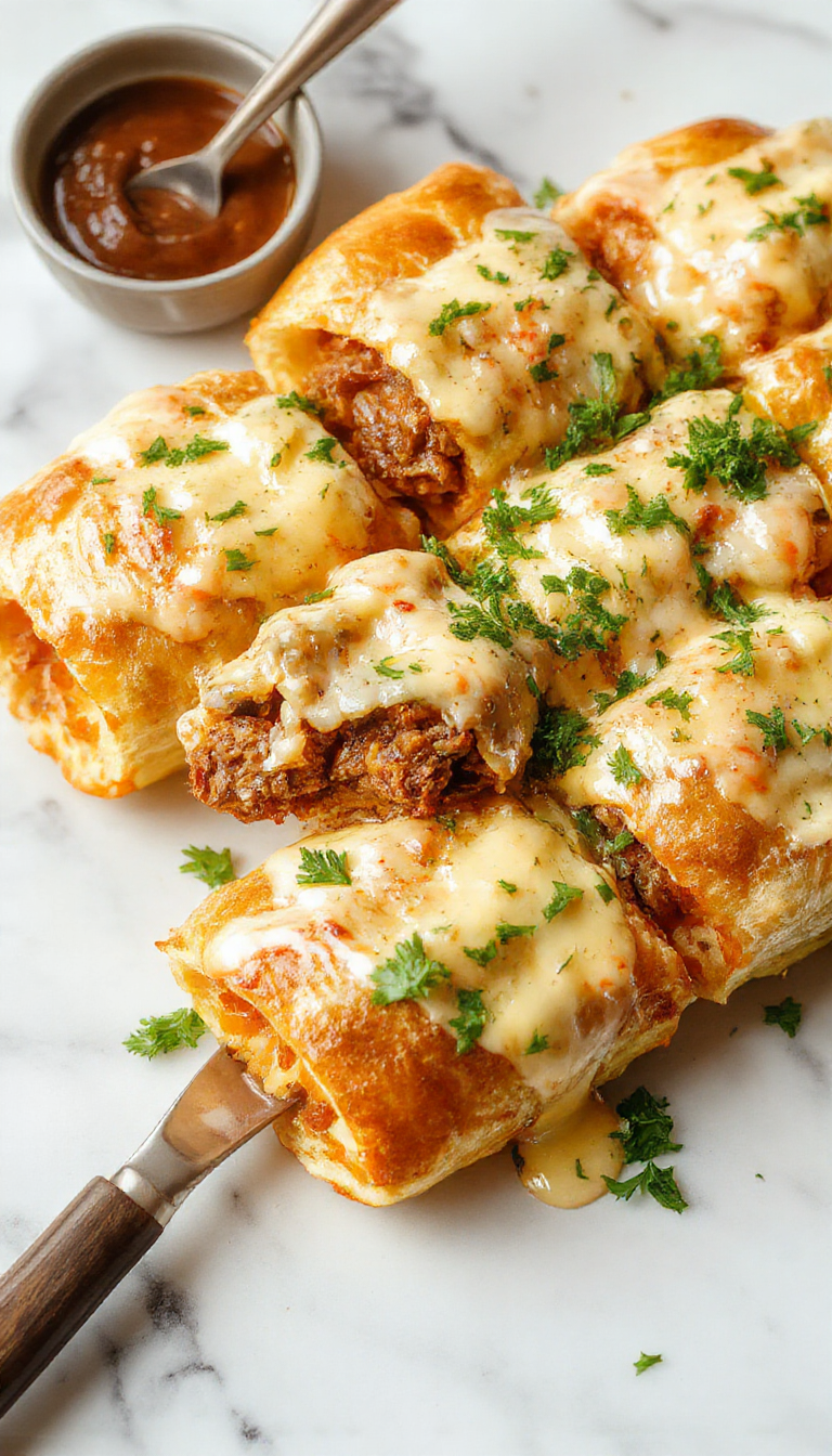 Golden-brown keto Philly cheesesteak rolls sliced open to reveal tender beef, melted cheese, and sautéed vegetables inside, arranged on a rustic wooden board with fresh herbs garnishing