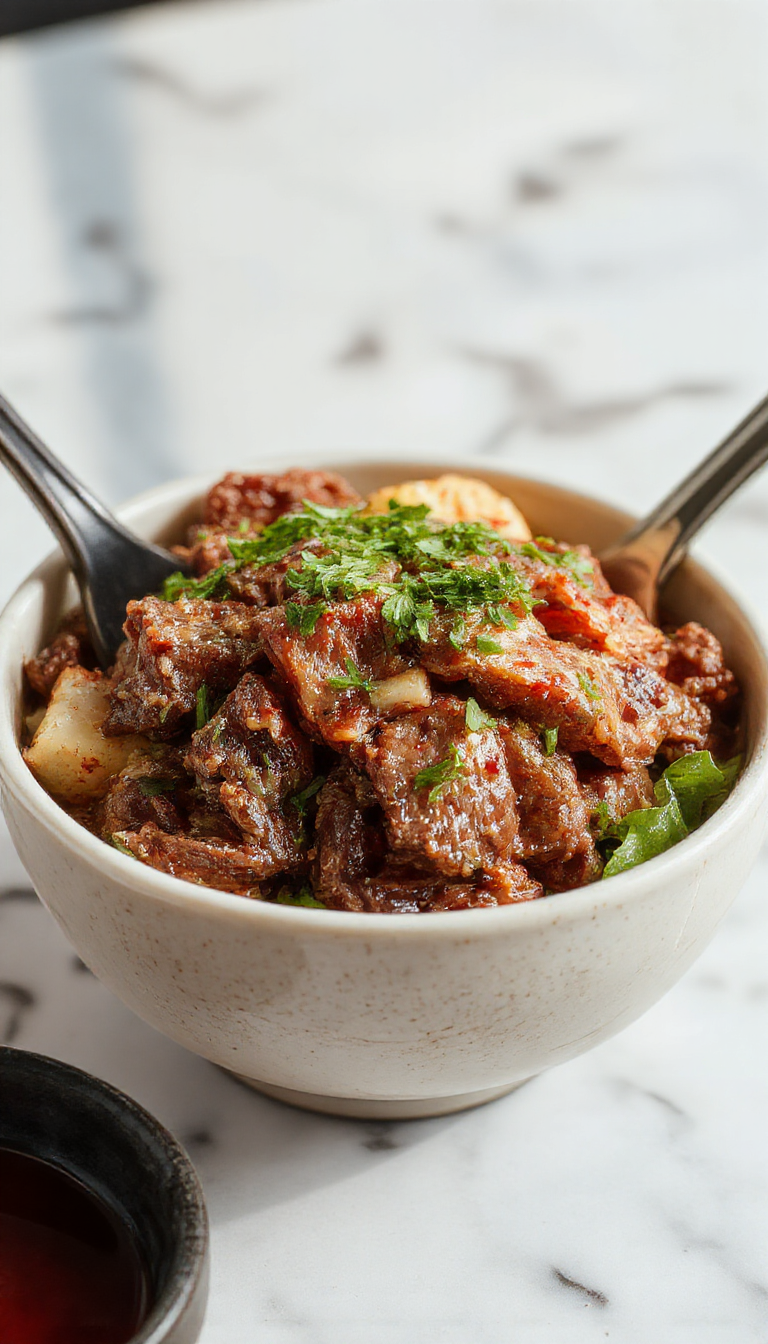 A vibrant Korean ground beef bowl featuring seasoned beef atop fluffy white rice, garnished with sliced green onions, sesame seeds, and a drizzle of sauce, served in a stylish bowl on a wooden table.