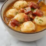 A hearty slow cooker dish featuring slices of kielbasa sausage, tender pierogi dumplings, and colorful vegetables in a rich broth, served in a rustic brown casserole bowl with steam rising from the hot meal.