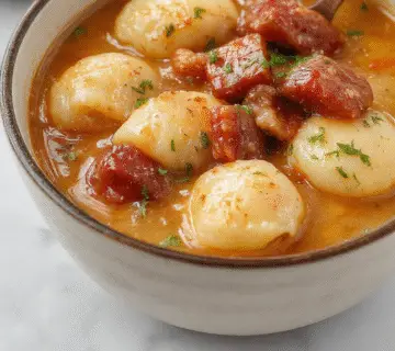 A hearty slow cooker dish featuring slices of kielbasa sausage, tender pierogi dumplings, and colorful vegetables in a rich broth, served in a rustic brown casserole bowl with steam rising from the hot meal.