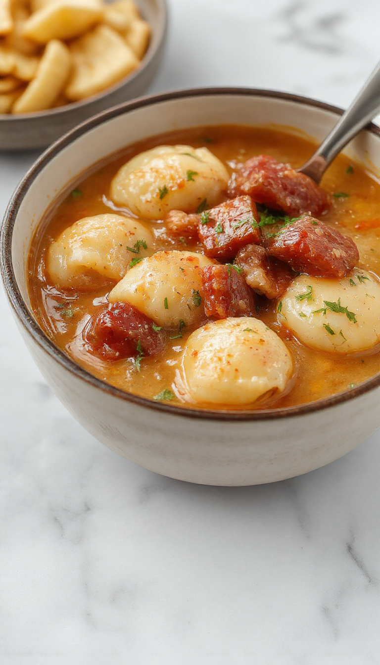 A hearty slow cooker dish featuring slices of kielbasa sausage, tender pierogi dumplings, and colorful vegetables in a rich broth, served in a rustic brown casserole bowl with steam rising from the hot meal.