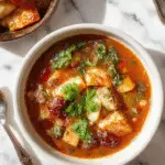 Un tazón hondo de Sopa Toscana Ribollita presentando capas de verduras cocidas y frijoles en un caldo espeso y reconfortante. La sopa tiene un color marrón terracota con verdes de la col rizada y pequeños trozos de pan tostadito en la superficie. A un lado, un cuchara de madera en la sopa y en el fondo, un plato rústico de cerámica con una porción adicional de sopa. La imagen transmite calidez y abundancia con un ambiente hogareño y acogedor.
