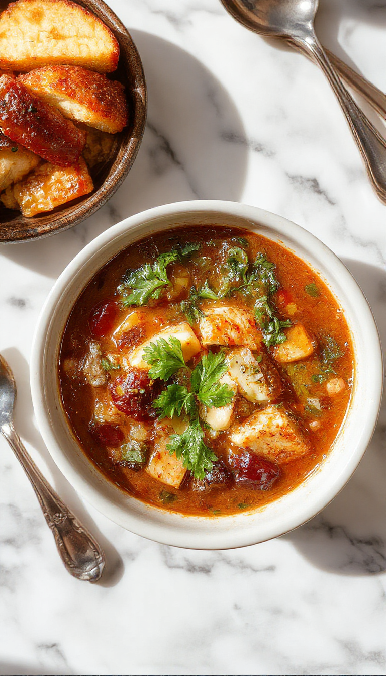 Un tazón hondo de Sopa Toscana Ribollita presentando capas de verduras cocidas y frijoles en un caldo espeso y reconfortante. La sopa tiene un color marrón terracota con verdes de la col rizada y pequeños trozos de pan tostadito en la superficie. A un lado, un cuchara de madera en la sopa y en el fondo, un plato rústico de cerámica con una porción adicional de sopa. La imagen transmite calidez y abundancia con un ambiente hogareño y acogedor.