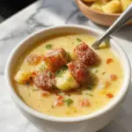 A steaming bowl of hearty Polish potato and Kielbasa soup, featuring chunks of golden-brown Kielbasa sausage, creamy potato pieces, and vibrant herbs, served in a rustic ceramic bowl on a dark wooden surface with fresh herbs and a spoon.