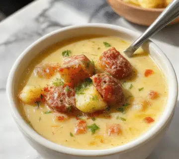 A steaming bowl of hearty Polish potato and Kielbasa soup, featuring chunks of golden-brown Kielbasa sausage, creamy potato pieces, and vibrant herbs, served in a rustic ceramic bowl on a dark wooden surface with fresh herbs and a spoon.