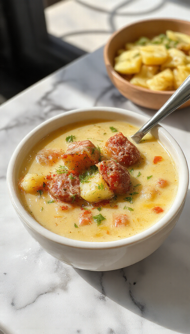 A steaming bowl of hearty Polish potato and Kielbasa soup, featuring chunks of golden-brown Kielbasa sausage, creamy potato pieces, and vibrant herbs, served in a rustic ceramic bowl on a dark wooden surface with fresh herbs and a spoon.