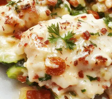 A layered white vegetable lasagna with creamy béchamel sauce, slices revealing the tender zucchinis, spinach, and cheese inside, garnished with fresh basil on top, served on a rustic white plate.