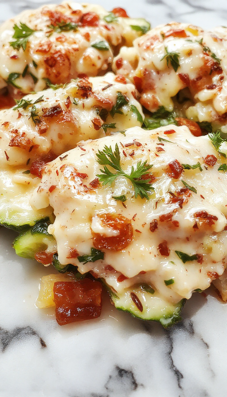 A layered white vegetable lasagna with creamy béchamel sauce, slices revealing the tender zucchinis, spinach, and cheese inside, garnished with fresh basil on top, served on a rustic white plate.